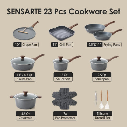 SENSARTE Nonstick Granite Cookware Set, 23 PCS Pots and Pans Non Toxic, PFOA & PFOS Free, Healthy Non Stick Granite Stone Coating Kitchen Cooking Set with Stay-Cool Handles, Gray