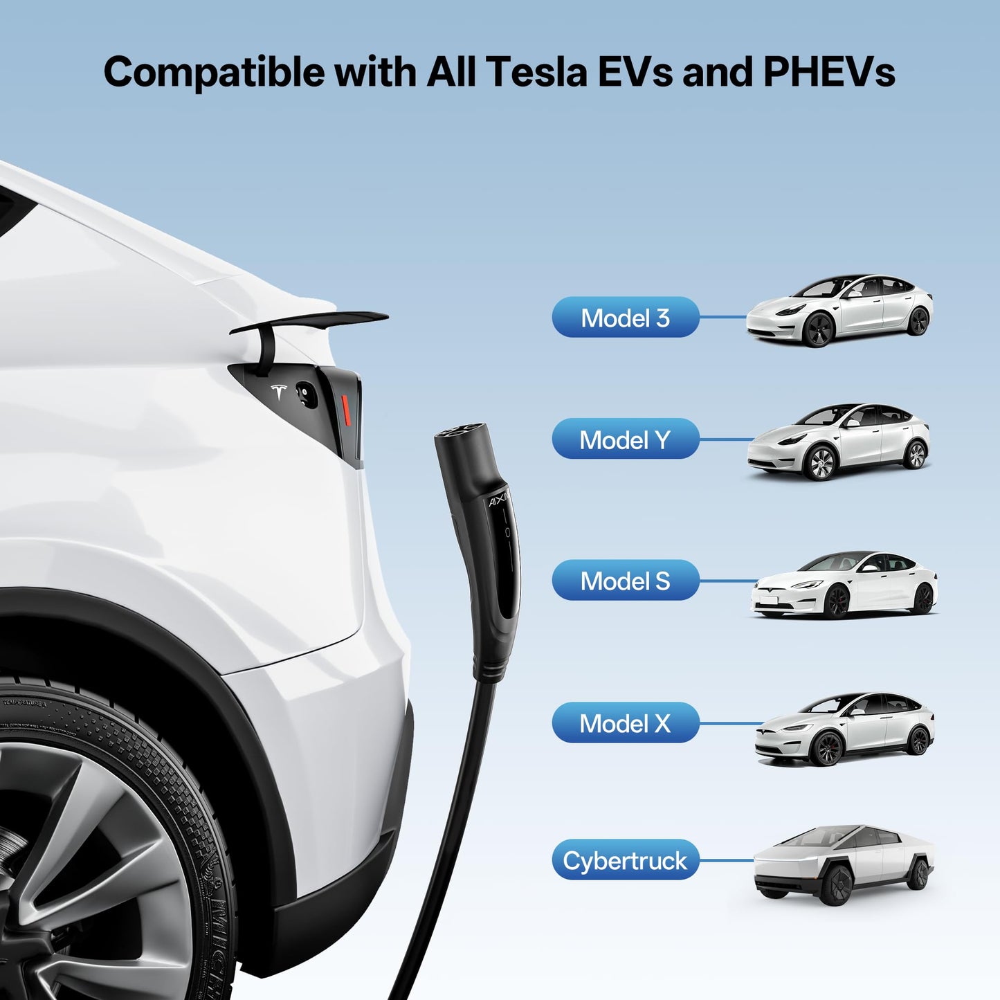 AIXINE Level 1&2 EV Charger,Tesla EV Charger NACS 16A with 25FT Extension Cord Cable,Portable Electric Car Charger 240V NEMA 6-20 Plug&120V NEMA 5-15 Adapter Compatible with All Tesla Models
