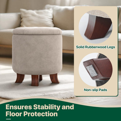MoNiBloom Round Ottoman with Storage, Small Foot Rest Stool with Legs, 15.5 Dia. x 17 H Inches Upholstered Ottoman with Storage for Living Room, Bedroom, Beige