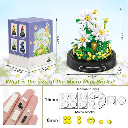 QLT QIAOLETONG Flower Bouquet Building Set 490 PCS White Daisy Mini Building Blocks Kit for Adults Flower Botanical Collection for Home Decor Mother's Day for Mom