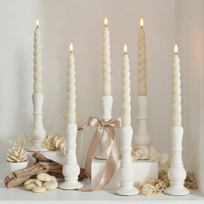 WYZworks 10" Flameless LED Taper Candles – Full Twisted Spiral – Ivory, Set of 6 – Remote, 2/4/6/8-Hr Timer (24-hr Memory), Bottom On/Off Button, Dimmable, Battery Operated, Flicker/Steady