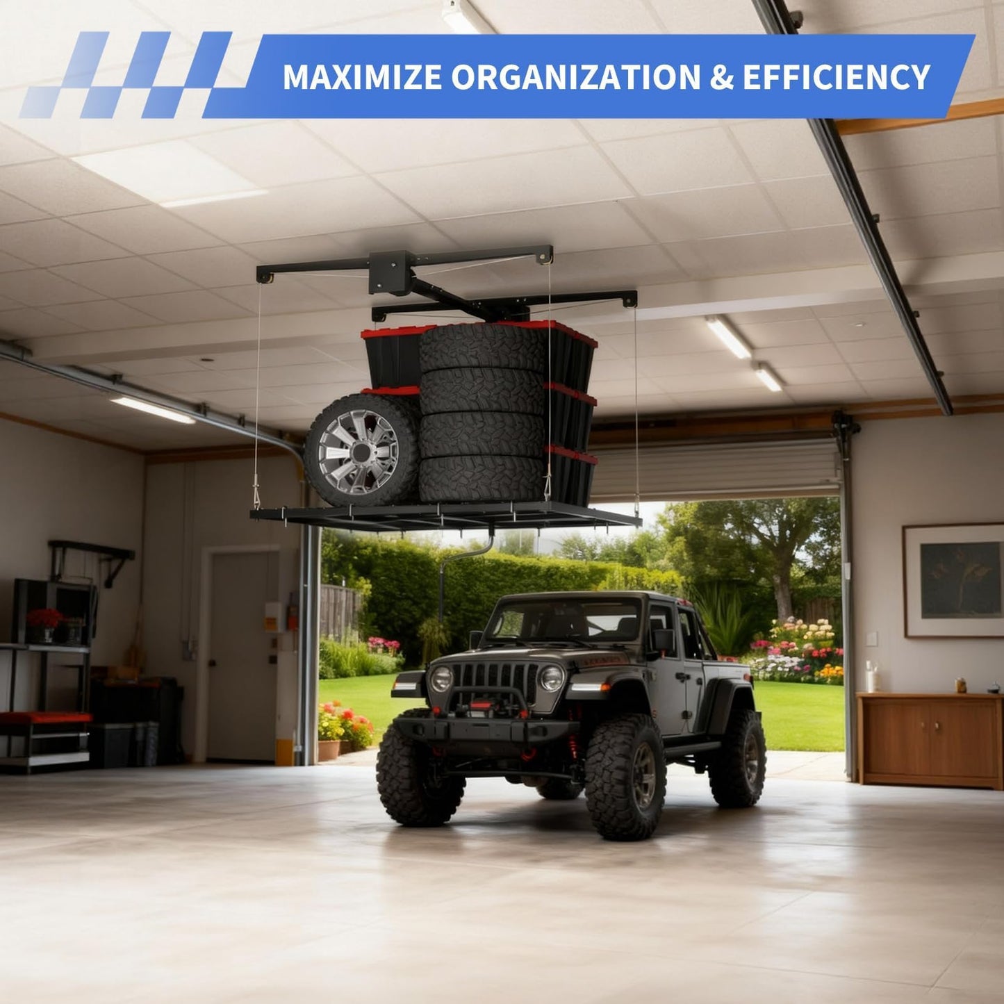 Patikuin Garage Ceiling Storage Rack,Storage Elevator for Garage,4x4 ft Overhead Lift Storage with 350 Lb Capacity,Smooth Crank System, Space-Saving Design for Garage Organization