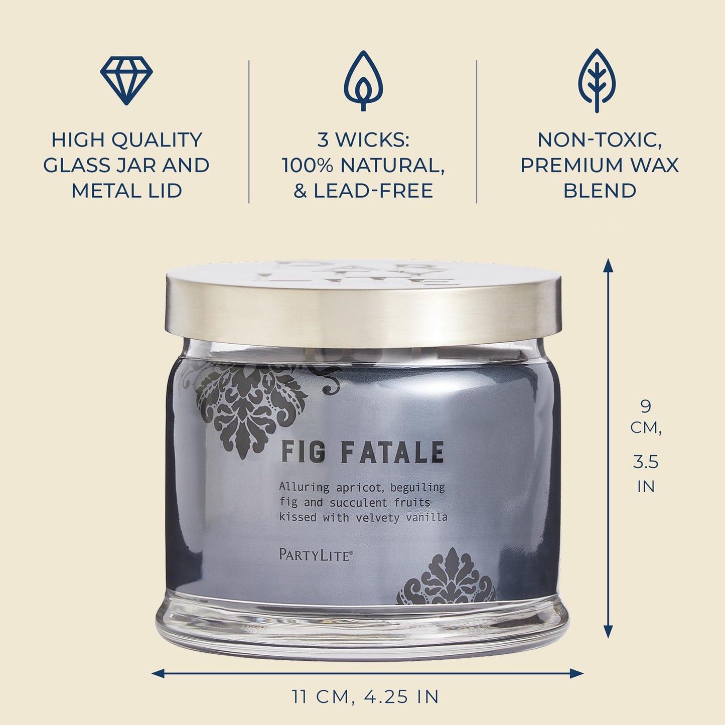 PartyLite Fig Fatale Scented, Notes of Apricot, Green Fig, Peach, Mango, Strawberry and Vanilla,13.2oz 3-Wick Jar Candle, 45 Hour Burn Time, Luxurious Fragrance, Perfect for Gifting