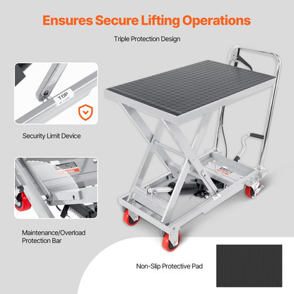 VEVOR Hydraulic Lift Table Cart, 500 lbs Load Capacity, 28.5-Inch Lifting Height, Manual Single Scissor Lift Table with 4 Wheels and Non-Slip Pad, Gray, Alloy Steel