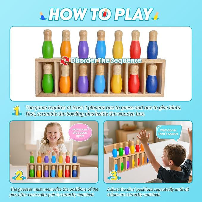 pamexin Family Games for Kids Wooden Bowling Color Matching Game with 7 Bright Pins and Storage Bag Family Board Games Party Birthday Gift Fun Party Game for Boys Girls