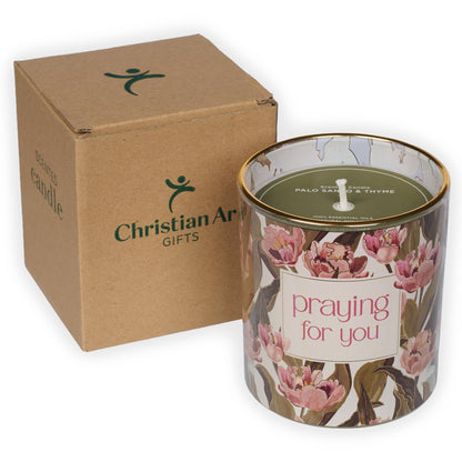 Christian Art Gifts Praying for You Scented Candle: Soy Wax, Pure Essential Oils, Palo Santo & Thyme Scent, Floral Design Glass Jar, Encouragement Gift for Women, 40 Hours Burn Time
