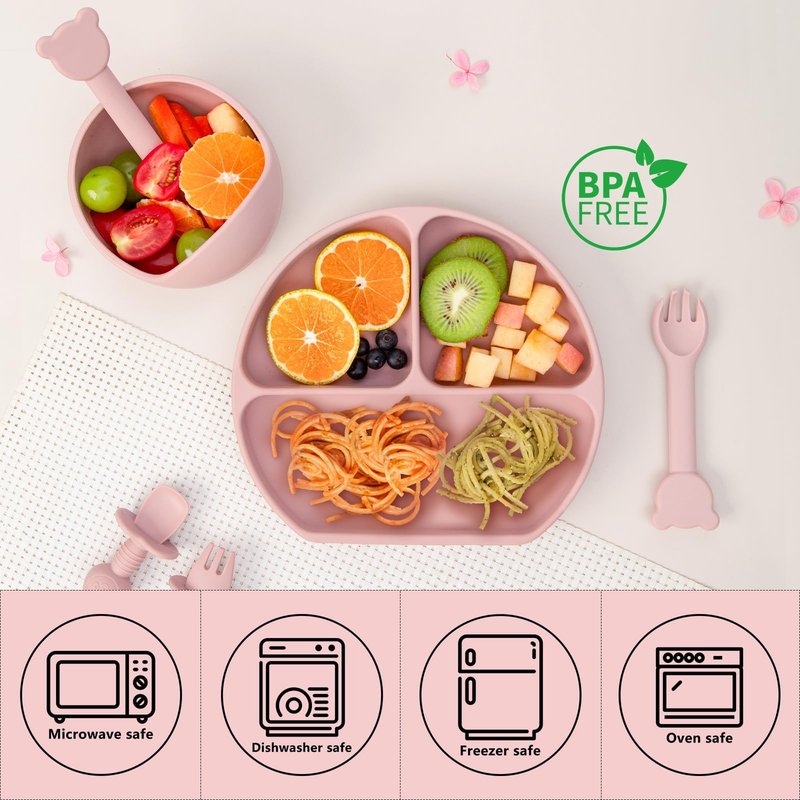 Baby Feeding Set, 13PCS Silicone Baby Self Feeding Set, Toddler Led Weaning Utensils Set with Suction Bowl and Plate, 3 Set of Baby Spoon and Fork, Adjustable Bid, Sippy Cup with Straw and 2 Lids