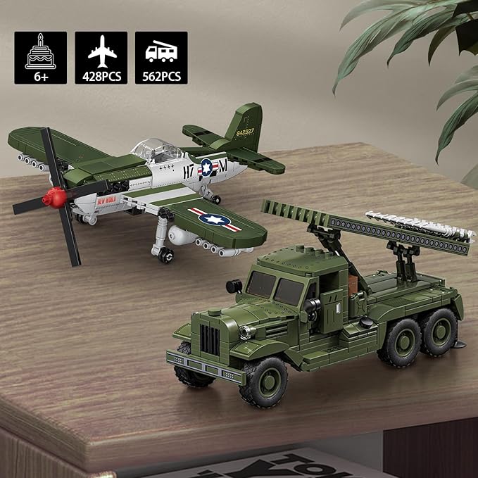 WW2 Military Building Blocks Set Compatible with Lego Includes P-51 Fighter &amp BM-13 Rocket Launcher Creative Military Gift for Boys and Kids Ages 8-12