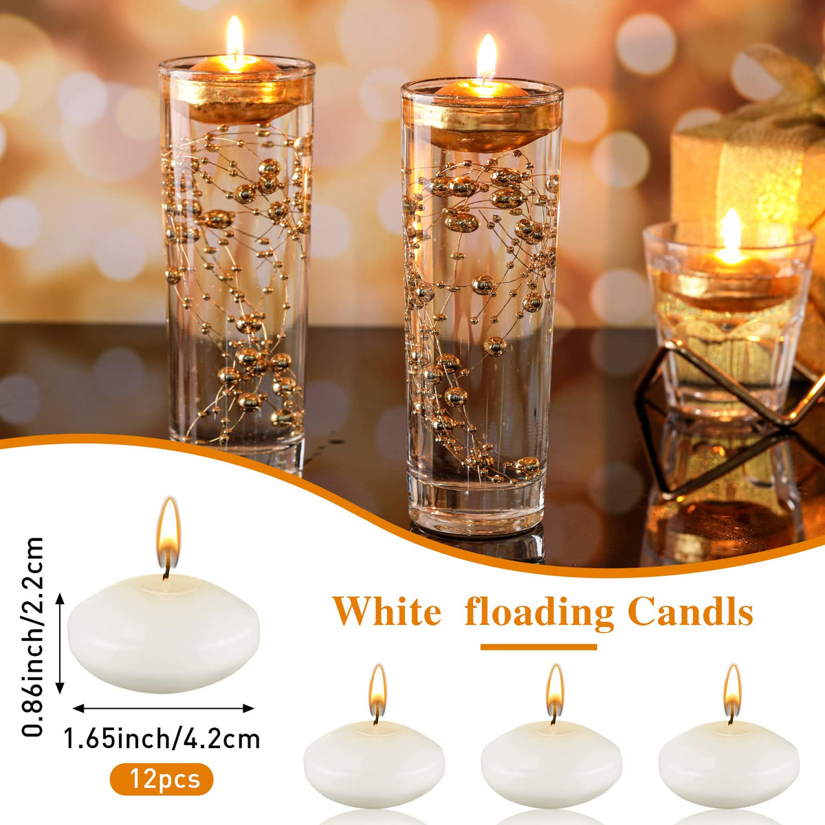 Nuanchu 12 Pieces 1. 65 Inch Floating Candles for Wedding Centerpiece, Small Unscented Floating Round Tealights Metallic Smooth Wax Disc Candles for Graduation Dinner Home Decor(White)