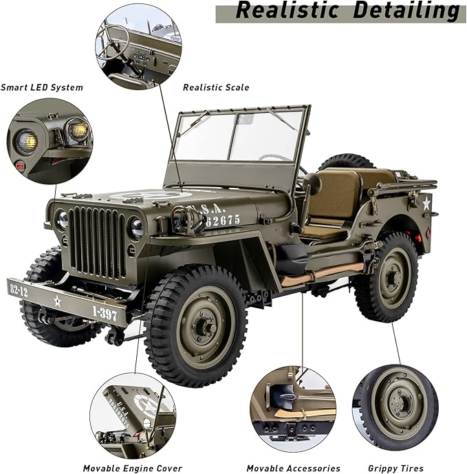 WOWRC RocHobby 1/12 1941 MB Scaler RC Jeep 4x4 Hobby Grade RTR RC Car Mini RC Rock Crawler Military 2.4Ghz RC Truck with LED Lights Battery and USB Charger for Adults