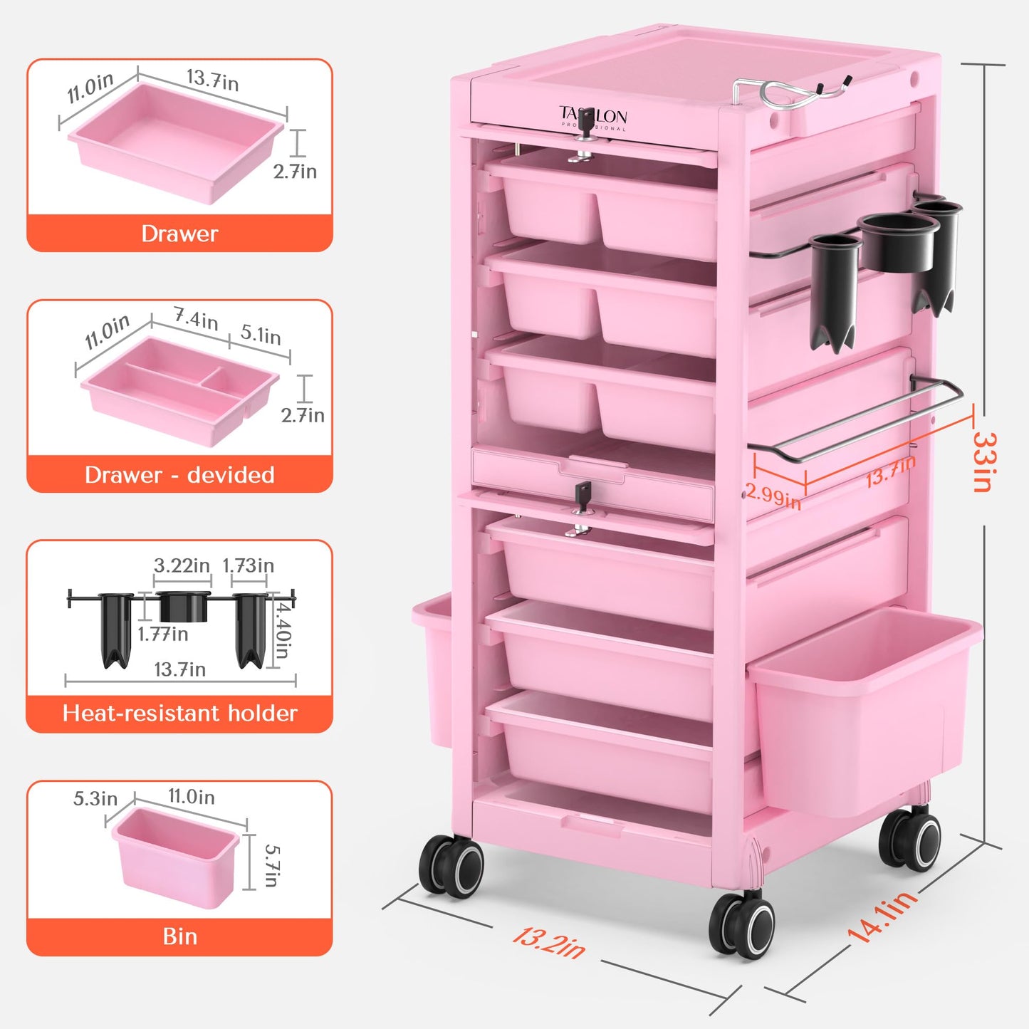 TASALON Pink Lockable Salon Cart with Wheels, Beauty Salon Station Trolley with 6 Drawers & Heat-Resistant Tool Holders, Rolling Barber Organizer for Hair Stylist, Spa & Tattoo Studio