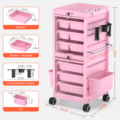 TASALON Pink Lockable Salon Cart with Wheels, Beauty Salon Station Trolley with 6 Drawers & Heat-Resistant Tool Holders, Rolling Barber Organizer for Hair Stylist, Spa & Tattoo Studio