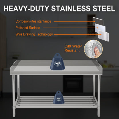 Garvee 48x24 in NSF Stainless Steel Table with Backsplash – Commercial Kitchen Prep Table for Restaurant, Home & Hotel, Heavy-Duty Workstation with Adjustable Undershelf & Splash Guard