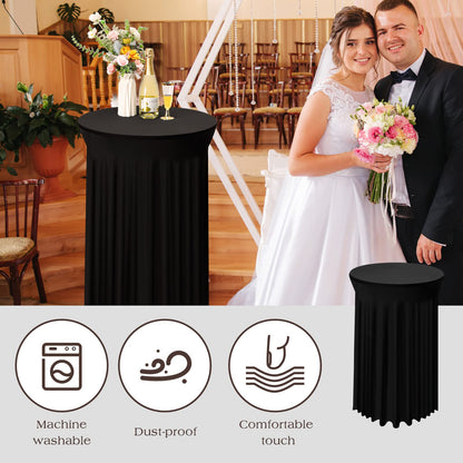 Tegeme 4 Packs Round Spandex Cocktail Tablecloths with Skirt 32 x 43 Inch Cocktail Round Table Cover Spandex Stretch Square Tablecloth Skirt for Table Bar Wedding Party Banquet (Black)