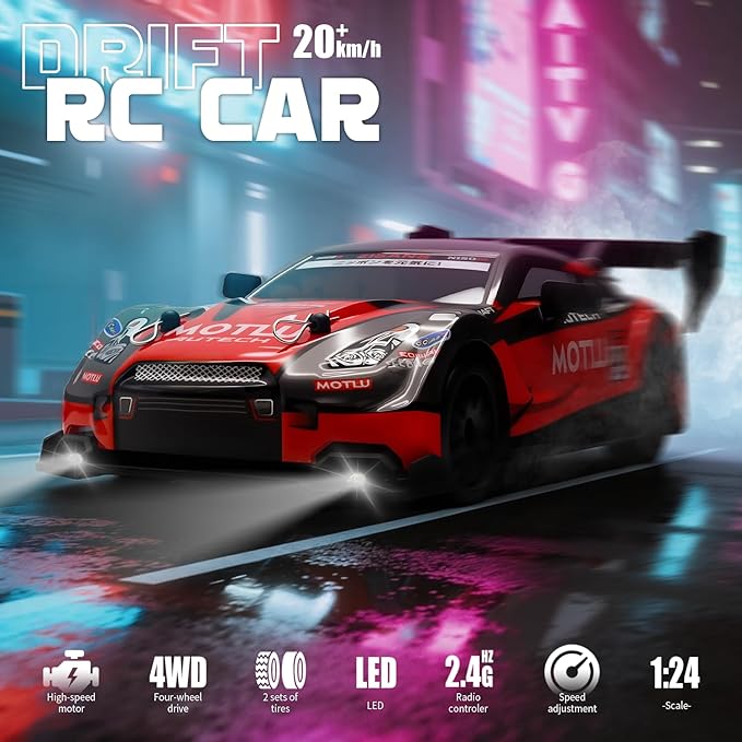 RC Drift Car 1:24 Scale Remote Control Vehicle for Kids2.4GHz 20KM/H 4WD High Speed RC Cars with LED Light Two Batteries &amp Drifting Tires Racing Sport Toy Cars for Adults Boys Girls Kids 8601RD