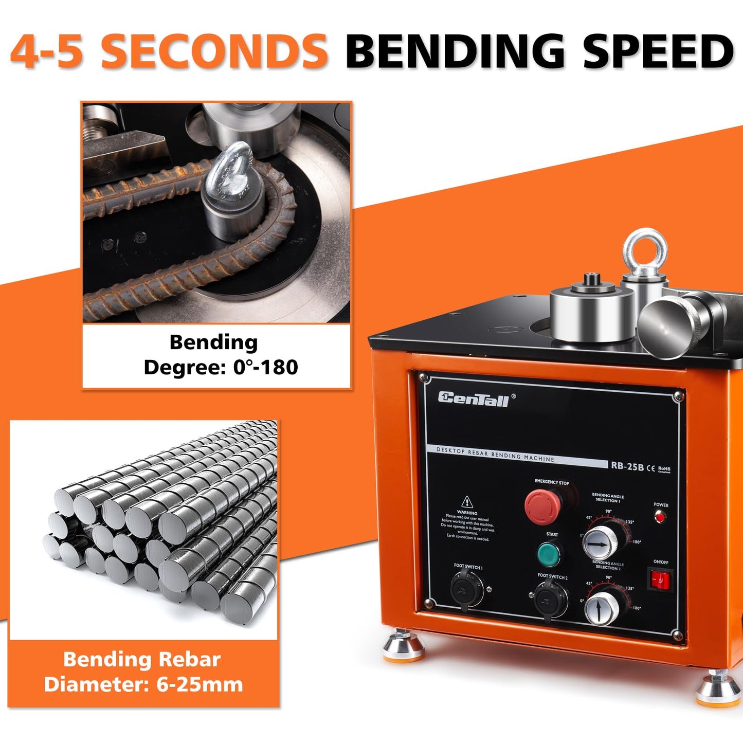CENTALL Electric Hydraulic Rebar Bender,1600W Desktop Electric Rebar Bender,Bending up to 1 Inch #8 6-25mm Rebar Bending Angle 0-180 Degrees,with Foot Pedal for Bending Steel Rope (RB-25)