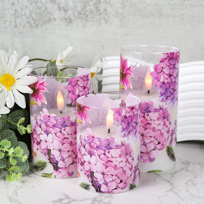 DRomance Pink Hydrangea Glass Flameless Candles with Remote Timer Battery Operated LED Pillar Candles Realistic 3D Wick Flickering Real Wax Wedding Dinner Holiday Decor Candle 3 x 4,5,6 Inches