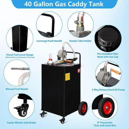 40 Gallon Fuel Caddy with Manual Pump, Heavy Duty Portable Gas & Diesel Transfer Tank on 4 Wheels, Spill-Proof Container for Truck, Tractor, Boat, ATV, Farm,Orange