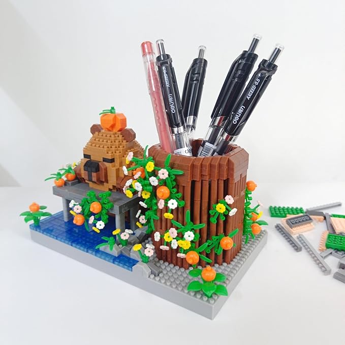 Reading Cute Capybara Desktop Decor - Micro Mini Building Block Toy Pen Holder Animal Style with Flower Perfect as a Gift Representing Love for Learning