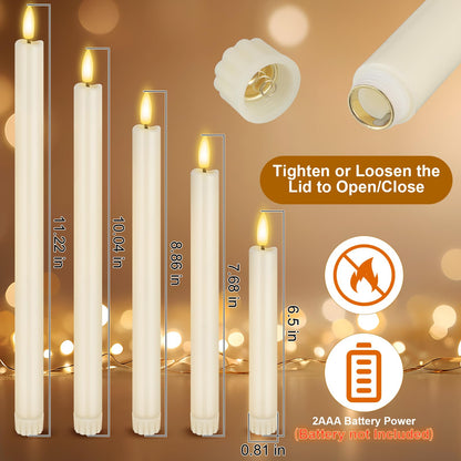 Rossesay 20 Pcs Flameless LED Taper Candles Battery Operated Taper Candles 5 Sizes of 6.5'', 7.7'', 8.8'', 10.0'', 11.2'' Flameless Candlesticks Flickering with 3D Flame for Wedding(Ivory White)