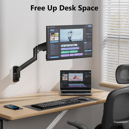 WALI Computer Monitor Wall Mount for 17 to 32 Inch Screens, Single Monitors Mount Holds up to 22lbs, Fully Adjustable Gas Spring Wall Mount Monitor Arm, 75x75/100x100mm VESA Mount (GSWM001), Black