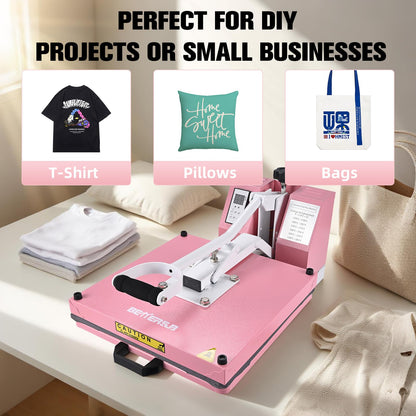 BetterSub Industrial 15"x15" Clamshell Heat Press Machine for T-Shirts, Sublimation, Vinyl & HTV - Digital Control, Non-Stick Teflon Plate, Safety Features for DIY/Home/Business (Pink)