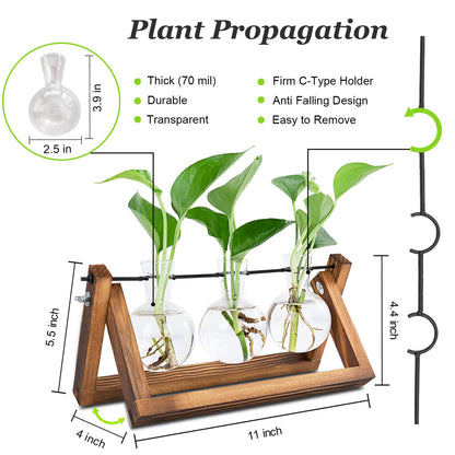 Renmxj Plant Propagation Station, Plant Terrarium with Wooden Stand, Unique Gardening Birthday Gifts for Women Plants Lovers, Home Office Garden Decor Planter - 3 Bulb Glass Vases