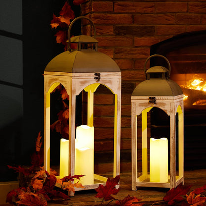 Glitzhome Lanterns Decorative Indoor, 2 Pack Mondern Farmhouse Candle Lanterns,Wooden Hanging Lanterns with Metal Top Floor Candle Lanterns for Home Décor, Weddings, Parties, Holiday (No Glass)