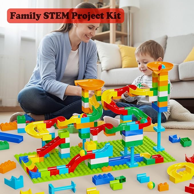 Marble Run Building Blocks for Kids Age 3-8 128 Pcs STEM Building Bricks Set with Toss Ring Game Educational Learning Toys for Toddlers Boys Girls Gifts- Compatible with All Major Brands