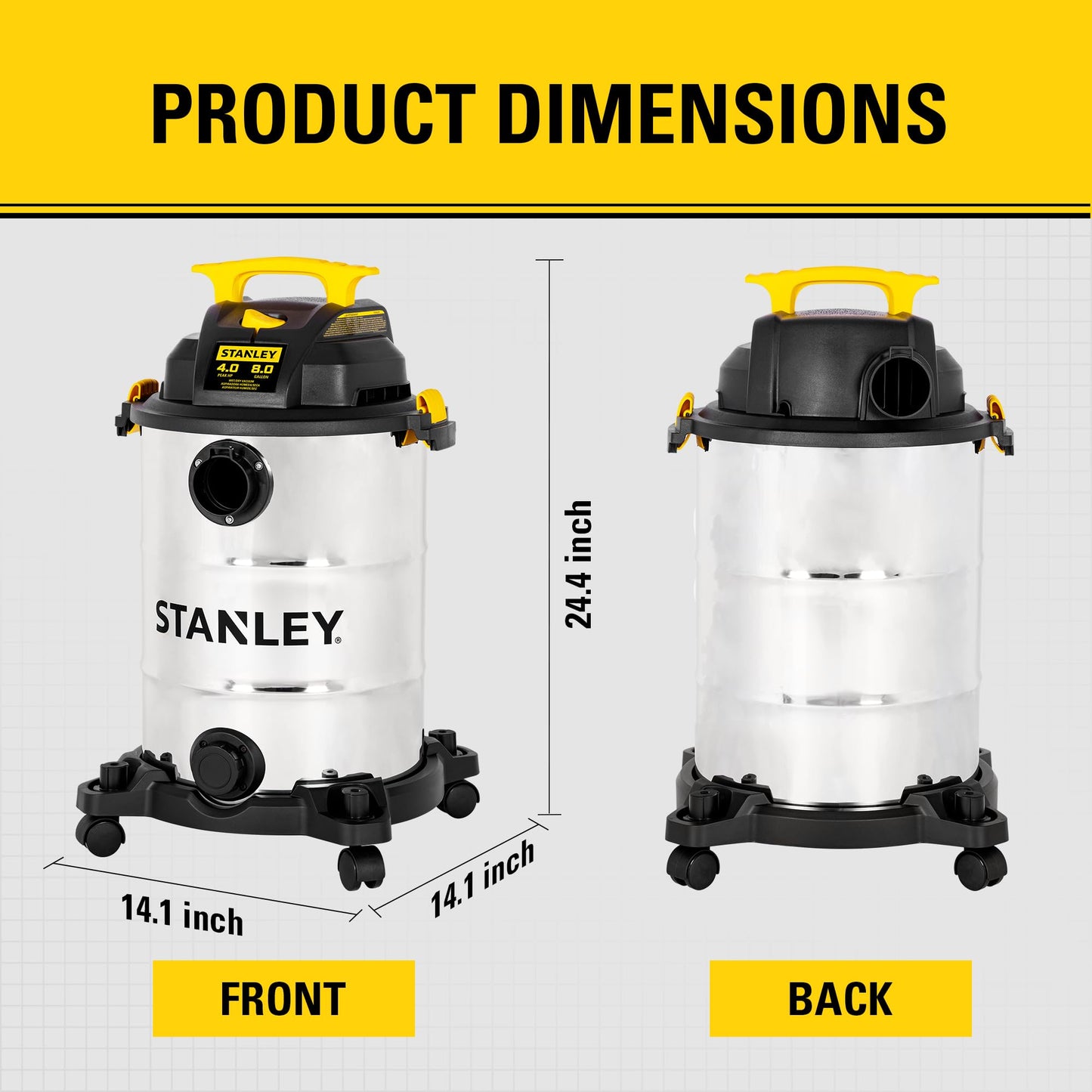 STANLEY 8 Gallon Wet Dry Vacuum, 4 Peak HP Portable Shop Vacuum with Drain Port & Blower, Industrial Wet Dry Vacuum Cleaner, Stainless Steel Tank for Garage, Workshop, Car Detailing, Jobsite, SL18117