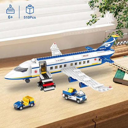 510 Pcs City Passenger Airplane Building Set 6 IN1 Plane Building Blocks Toys STEM Aircraft Bricks with Shuttle Bus Baggage TruckAirplanes Model Toys Gifts for Adults Boys Girls Age 6-12+