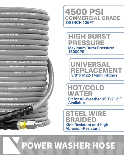 KARHDIR Pressure Washer Hose 125FT 3/8" for Cold and Hot Water 212°F, with Swivel Quick Connect, 4500PSI Kink Resistant Grade Steel Wire Braided, Power Washer Hose With 2pcs M22-14mm Adapter