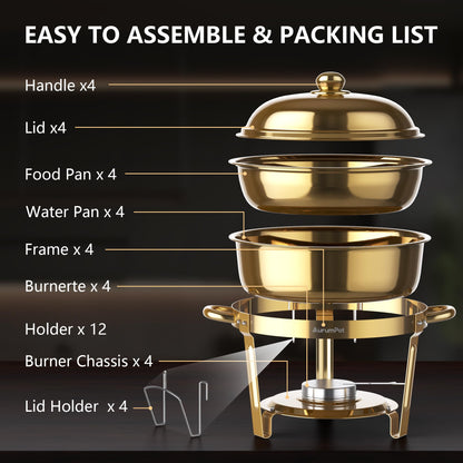 AurumPot Chafing Dishes for Buffet 4 Pack, 6QT Food Warmers for Parties Buffet, Christmas Gatherings [Elegant All-Gold Colors] Stainless Steel Round Chafing Dish Buffet Set,Buffet Servers and Warmers