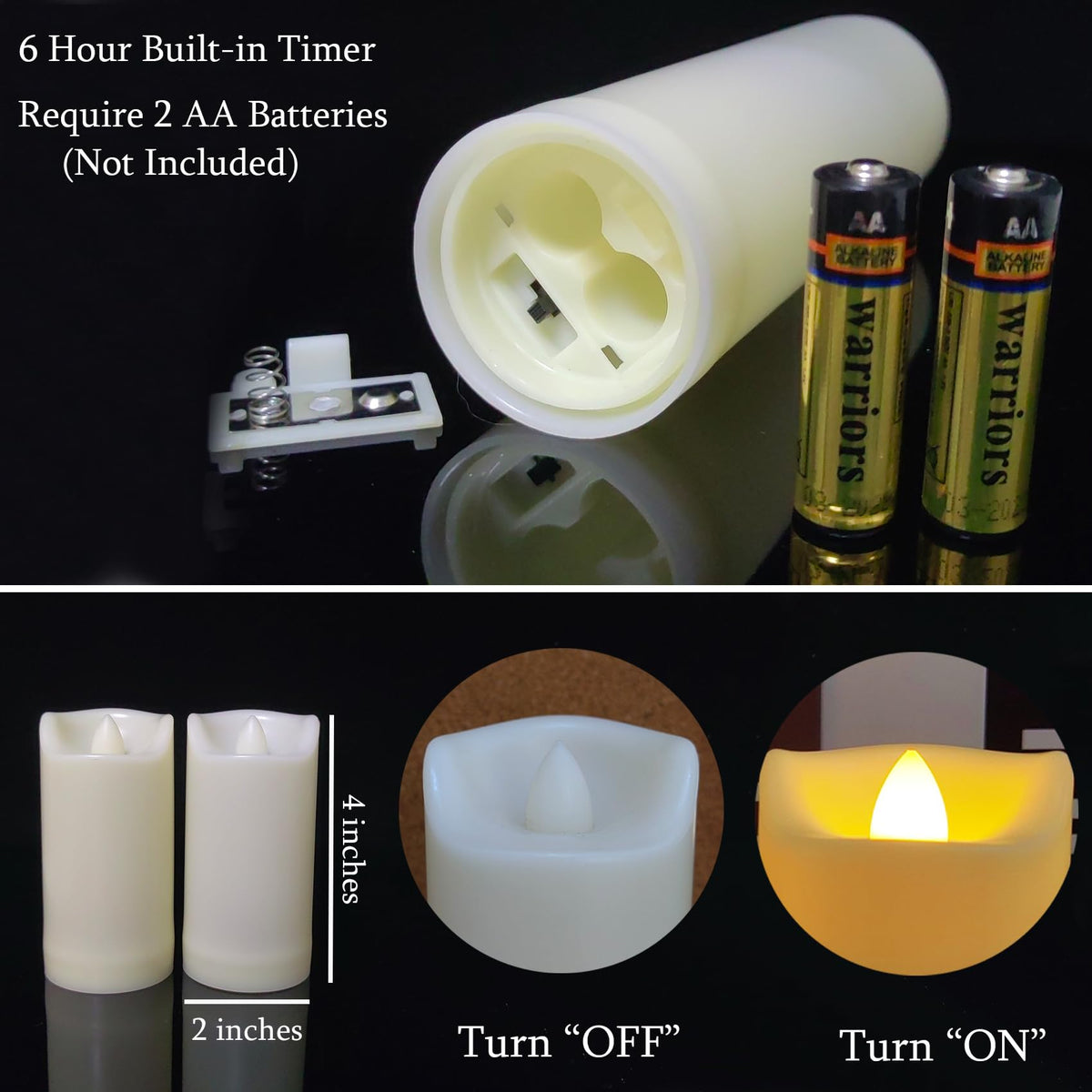 6 Pack LED Battery Operated Candles 2"x4" Plastic Flickering Flameless Candles with Timer Outdoor Waterproof Wedding Party Halloween Christmas Decoration Gifts Realistic Slim Tall Pillar Candles