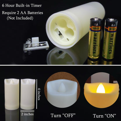 6 Pack LED Battery Operated Candles 2"x4" Plastic Flickering Flameless Candles with Timer Outdoor Waterproof Wedding Party Halloween Christmas Decoration Gifts Realistic Slim Tall Pillar Candles