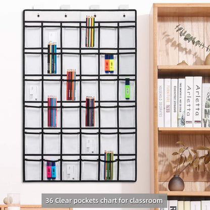 SAVERHO 36 Clear Pockets Classroom Pocket Chart for Cell Phones, Pocket Chart for Calculator Phone Holder with 36 Number Stickers and Hooks (White)