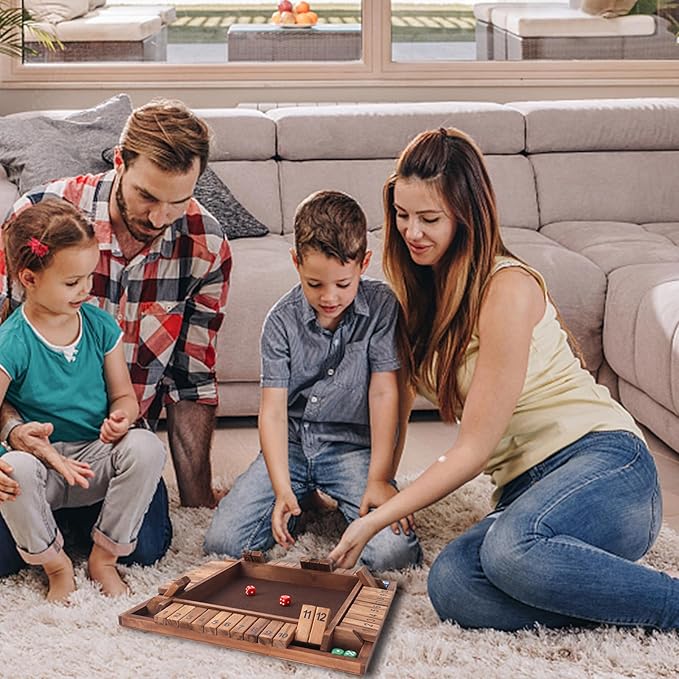 GSE Games &amp Sports Expert 1-4 Player Wooden Shut The Box Board Game with 8 Dice. 4-Way 12 Numbers Shut The Box Dice Set of Popular English Pub Board Game - Walnut