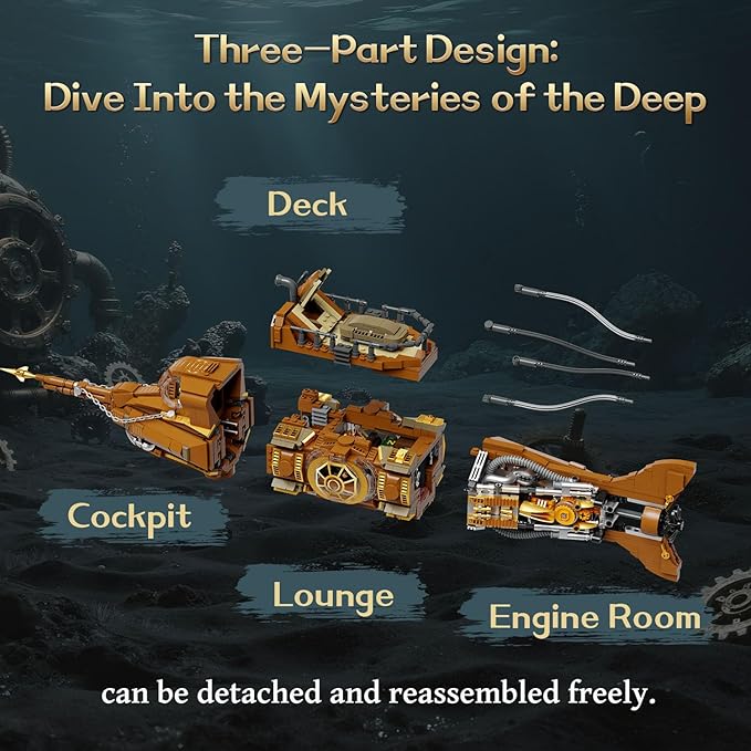 PANTASY Steampunk Nautilus Submarine Building Set Modular 3-Section Design with Gear-Linked Propeller Mini Boat &amp Undersea Adventure Scene Retro Mechanical Collectible Model Kit for Adults