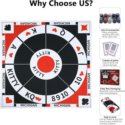 HOROW 23.6 Inches Tripoley Game Tripoli Board Game Anti-Slip MatCombination of Michigan Rummy Hearts and Poker200 Pokers2 Boxes of Cards1 Storage Bag