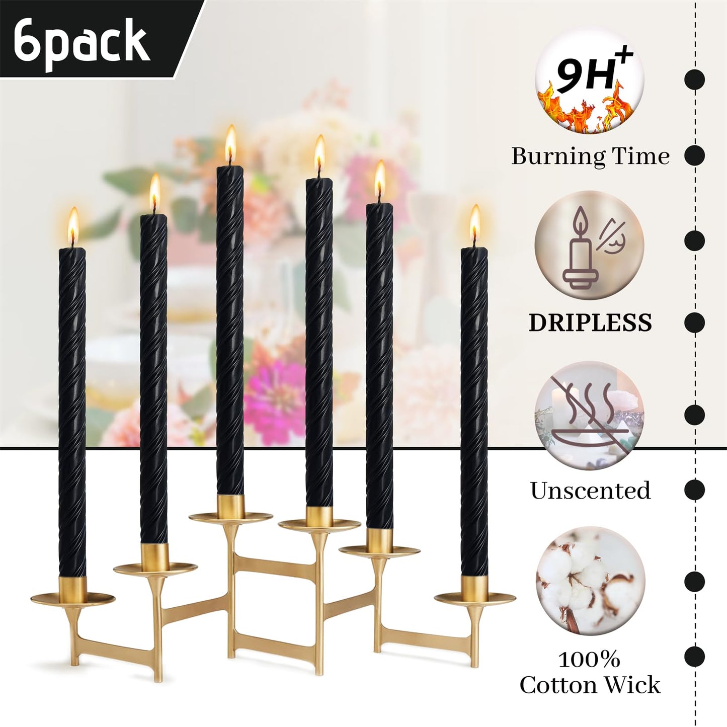 Dripless Twisted Long Taper Candles Black Unscented Ribbed Candle Sticks 10 Inch Smokeless Dinner Candlesticks Long Burning for Party Art Home Decor 6 Pcs