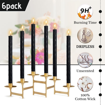 Dripless Twisted Long Taper Candles Black Unscented Ribbed Candle Sticks 10 Inch Smokeless Dinner Candlesticks Long Burning for Party Art Home Decor 6 Pcs