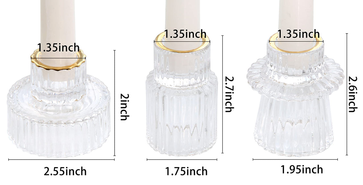 Vixdonos Taper Glass Candlestick Holders Tealight Candle Holders for Table Centerpieces, Wedding Decor and Dinner Party (3 Pcs, Gold Rim Clear)
