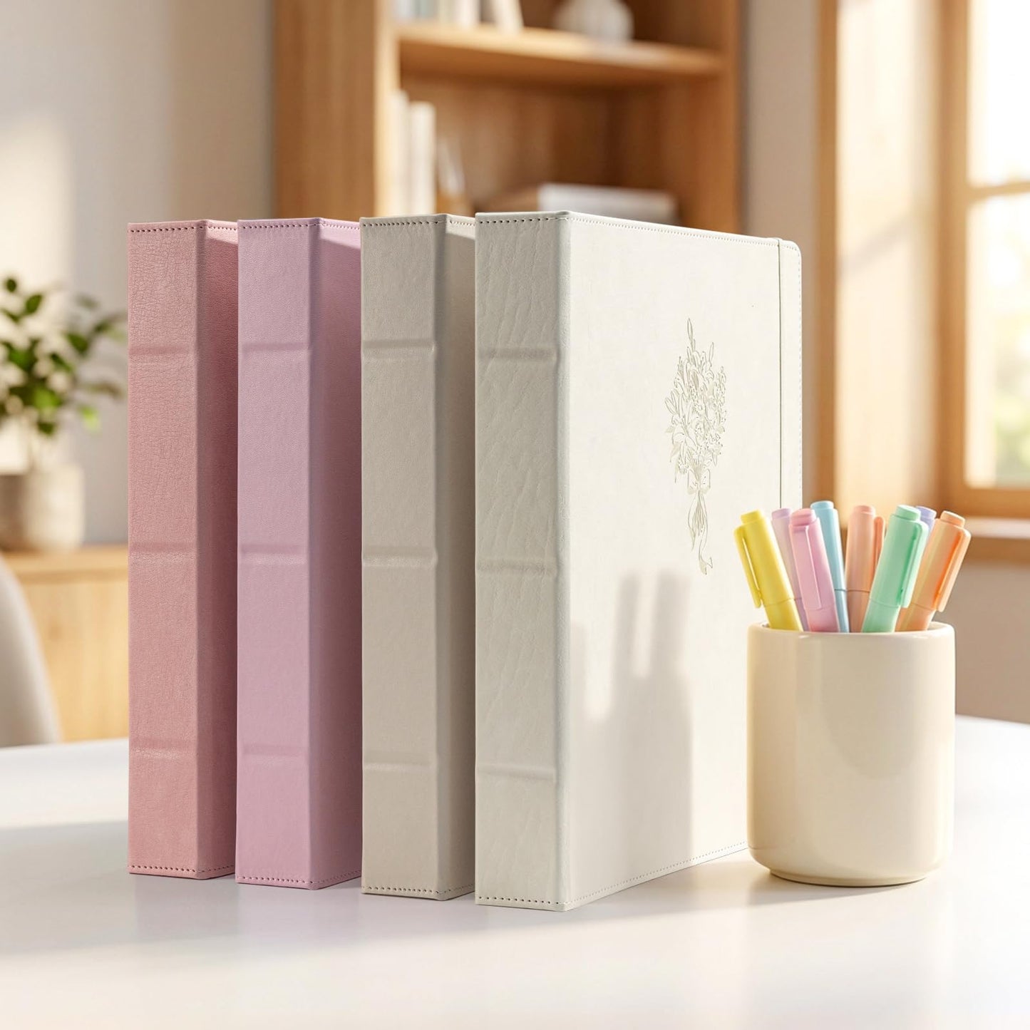 Ospelelf Leather 3 Ring Binder for Letter Size Documents with PVC Pocketed Dividers, Pencil Pouch & Notepad, 1 Inch Round Rings, Holds 175 Sheets, for Office School Home Organization, Flower White
