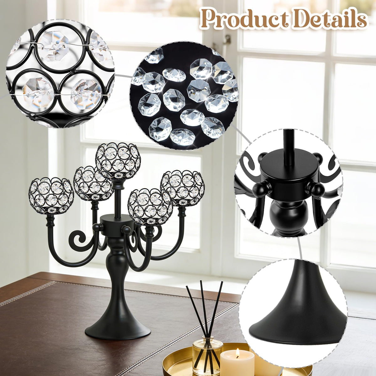 5 Arm Metal Crystal Candelabra Centerpiece - 13.4 Inch Elegant Candle Holder with Crystal Beads for Wedding Party Christmas Home Dining Table Decoration (2, Black)