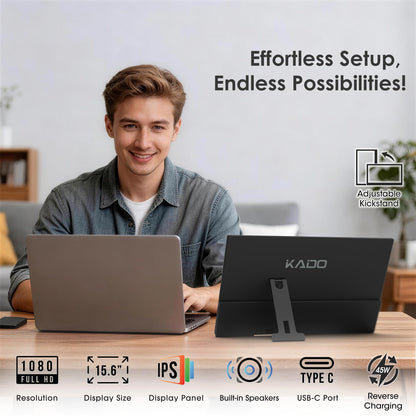 Kado 15.6 Inch FHD Portable Monitor for Laptop, 1080p Second Display IPS 1920x1080, 45W Reverse Charging HDMI USB-C Laptop Screen Extender, Kickstand for PC, Mac, Dex, Tablet, Xbox, PS4/PS5, Switch