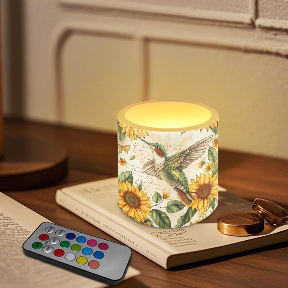 Cozeyat Sunflower Bird Flameless Candles 4 Pack Battery Operated LED Pillar Candles with Remote Control Timer Waterproof for Indoor Outdoor Use
