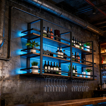 amhricho Wine Rack Wall Mounted with LED Lights, 3 Tier Metal Liquor Floating Display Shelves, with Wine Glass Rack, Iron & Wood Industrial Wall Wine Rack, for Bar, Kitchen, Cafe (Black, 39.4in)