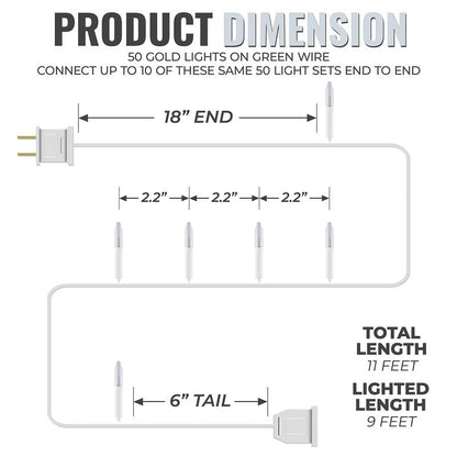 612 Vermont 50 Clear Christmas Lights on White Wire, UL Approved for Indoor/Outdoor Use, 9 Foot of Lighted Length, 11 Foot of Total Length