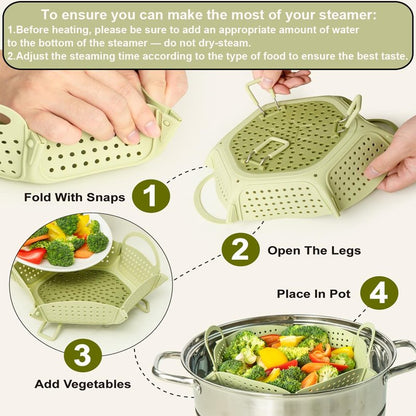 Large Collapsible Silicone Steamer Basket, Folding Silicone Vegetable Steamer Basket With Handles, BPA Free, Expandable for Pot, Non Slip Feet, Compact Storage, Dishwasher Safe