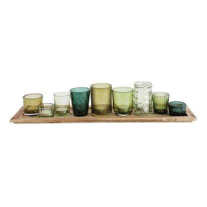 Creative Co-Op Wood Tray with 9 Green Glass Votive Holders